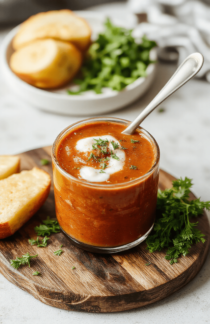 A rustic ceramic bowl filled with vibrant orange-red tomato soup, garnished with a swirl of fresh cream, a sprig of green basil, and a few cracked black pepper grains. Steam rises gently from the surface, and the soup has a rich, velvety texture. Light natural daylight highlights the warm tones against a wooden table.
