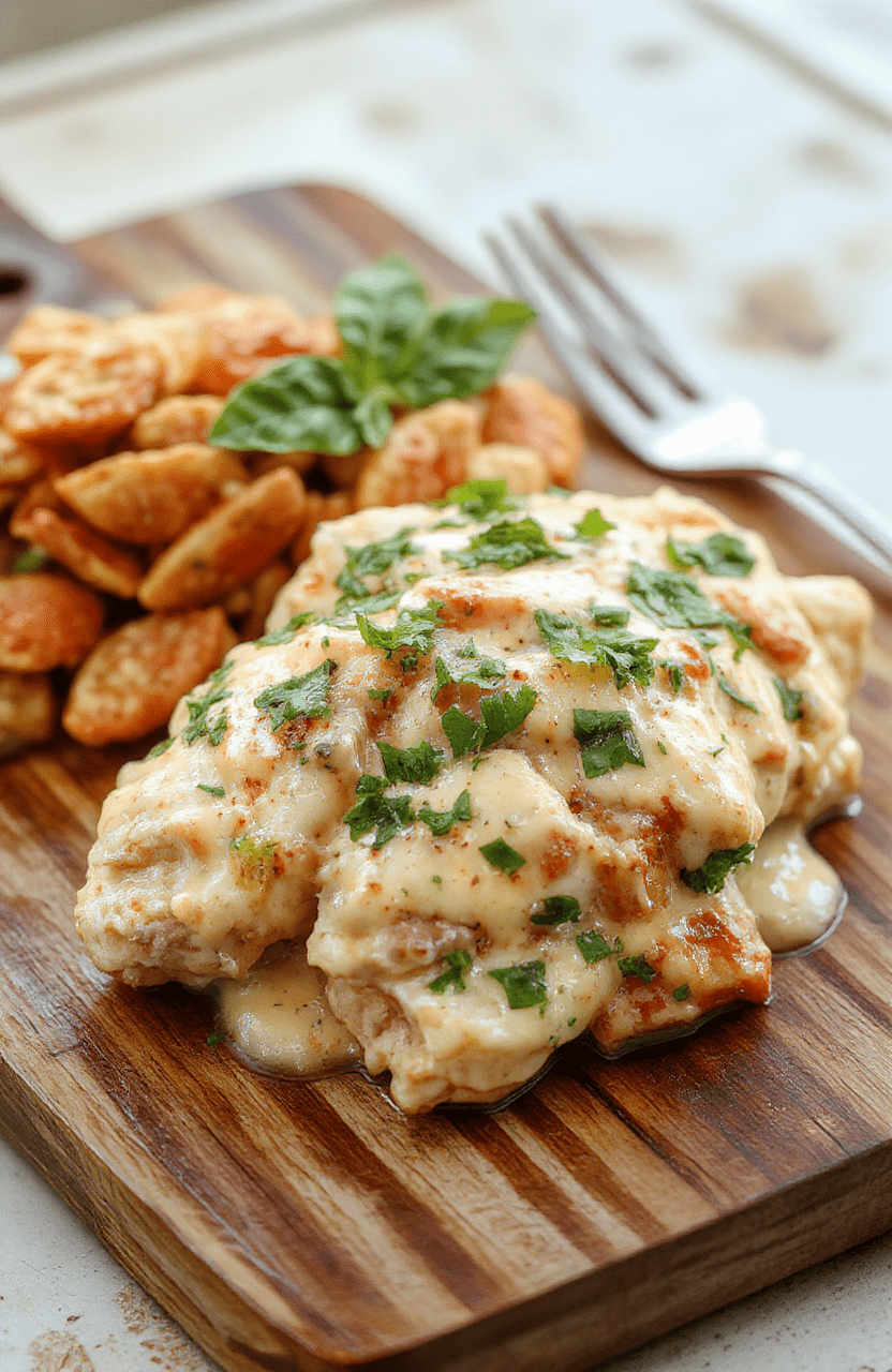 A rustic ceramic bowl filled with tender shredded chicken in a vibrant orange-red creamy tomato basil sauce, garnished with fresh green basil leaves and a drizzle of olive oil, served over fluffy white rice, placed on a natural wood cutting board with soft背景 lighting.