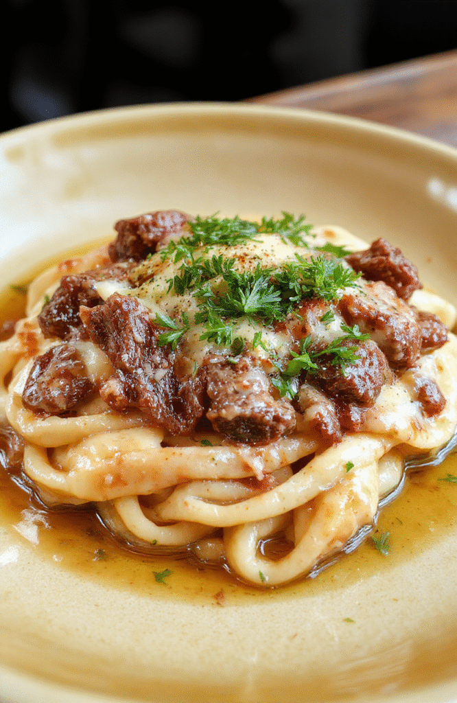 A rustic ceramic bowl filled with al dente penne pasta coated in a rich, pale gold creamy garlic sauce, topped with tender beef medallions and garnished with freshly chopped parsley and a sprinkle of grated parmesan. Light steam rises from the dish, with soft shadows and natural daylight highlighting the glossy sauce and textural contrast of the pasta.