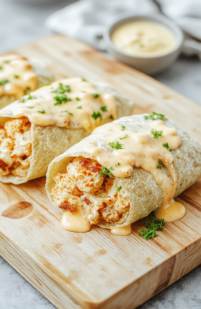 Freshly rolled flour tortilla wraps filled with diced grilled chicken, melted cheddar and cream cheese, steaming hot, on a rustic wooden board with shredded lettuce and a drizzle of garlic aioli, soft natural daylight, shallow depth of field, lower third empty for text overlay.