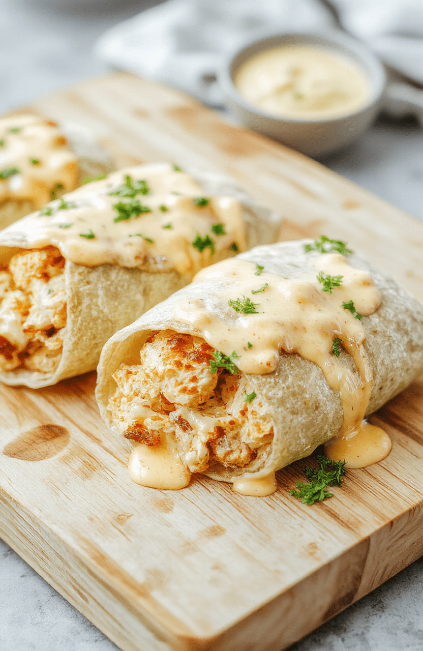 Freshly rolled flour tortilla wraps filled with diced grilled chicken, melted cheddar and cream cheese, steaming hot, on a rustic wooden board with shredded lettuce and a drizzle of garlic aioli, soft natural daylight, shallow depth of field, lower third empty for text overlay.