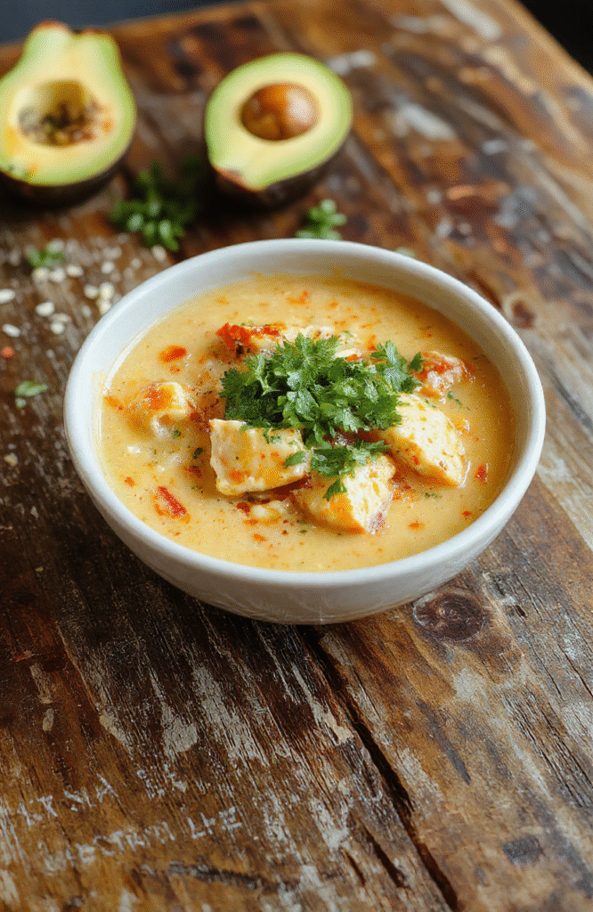 A steaming bowl of creamy chicken enchilada soup topped with shredded cheese, fresh cilantro, avocado slices, and a dollop of sour cream, served in a rustic ceramic bowl on a wooden table with soft natural light