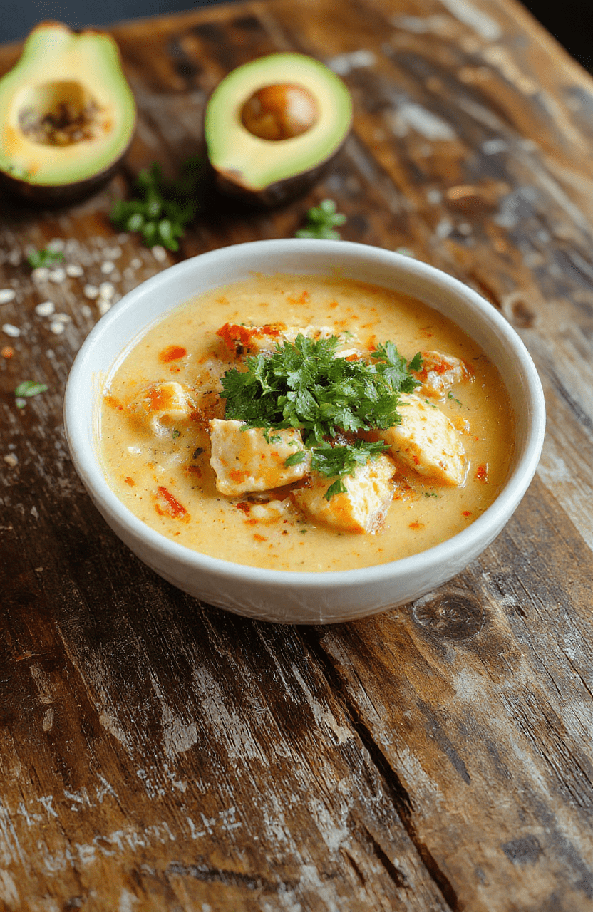 A steaming bowl of creamy chicken enchilada soup topped with shredded cheese, fresh cilantro, avocado slices, and a dollop of sour cream, served in a rustic ceramic bowl on a wooden table with soft natural light