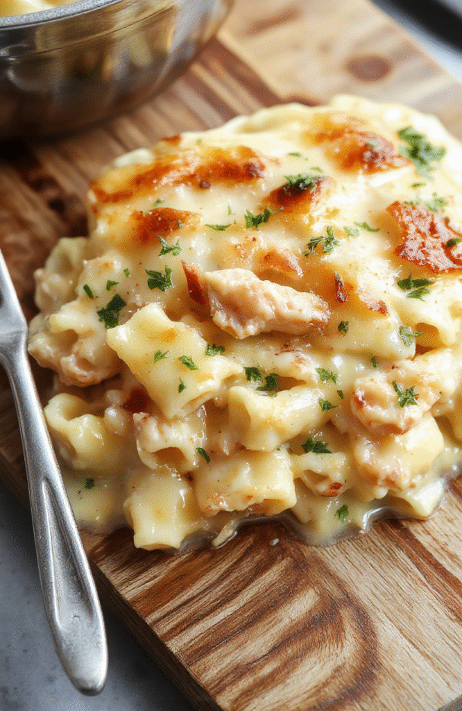 A steaming bowl of creamy chicken pot pie pasta with tender chicken pieces, diced carrots, peas, and soft pasta in a rich golden sauce, garnished with fresh parsley and a light dusting of grated Parmesan, served on a rustic white ceramic plate against a soft blurred wooden table background.