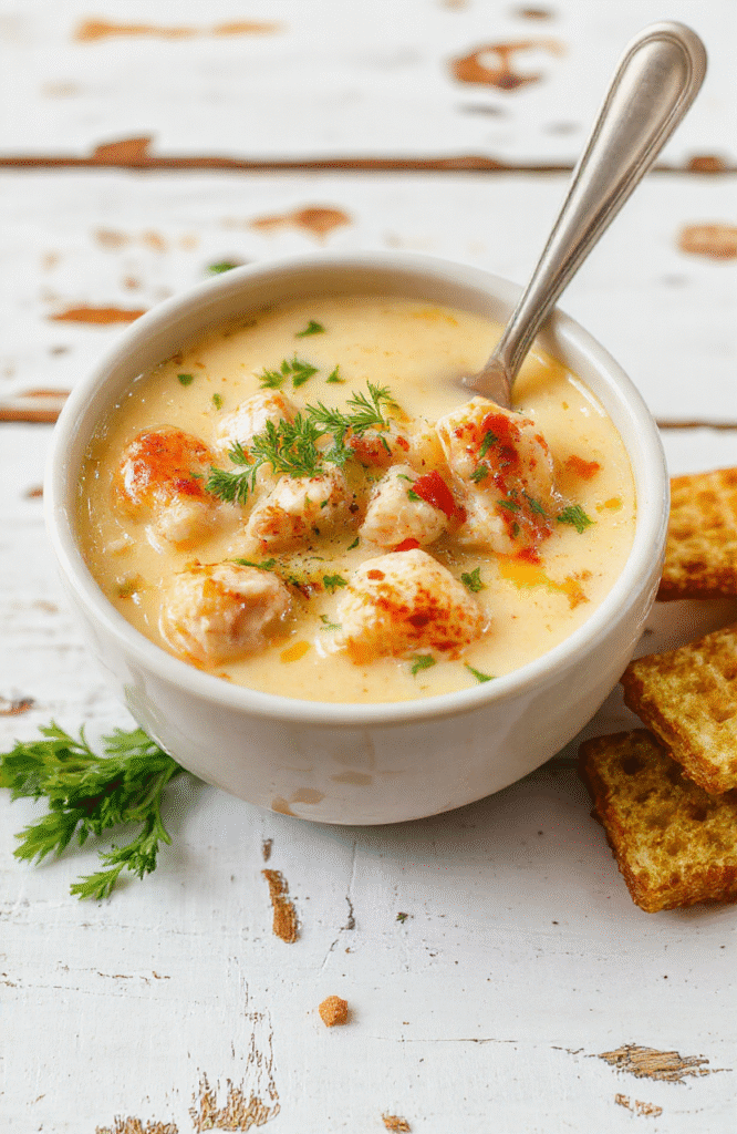 A steaming bowl of creamy chicken pot pie soup with tender chicken, peas, carrots, and potatoes in a rich golden broth, garnished with fresh parsley, served in a white ceramic bowl on a rustic wooden table with soft shadows and natural daylight