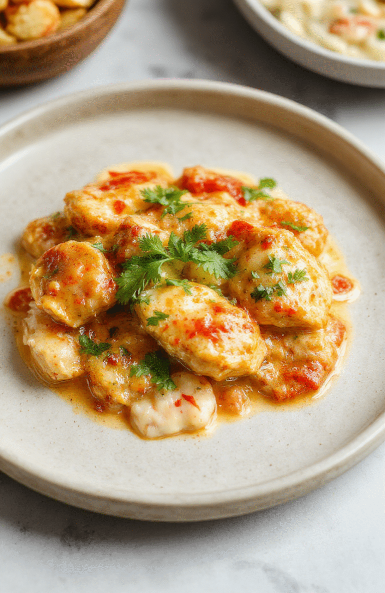 Golden-brown seared chicken tikka pieces in a vibrant orange-red creamy tomato sauce with swirls of heavy cream, garnished with fresh cilantro and alime wedge, served in a rustic ceramic bowl with steamed basmati rice on the side.