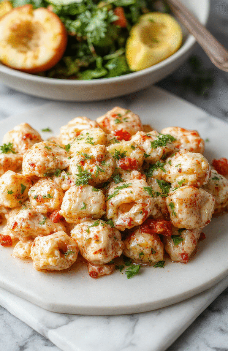 Golden-brown cheese-filled tortellini pasta in a rich ivory cream sauce topped with tender shredded grilled chicken, fresh spinach leaves, and a sprinkle of chopped parsley, served in a white ceramic bowl with a drizzle of olive oil and grated parmesan cheese on the side.