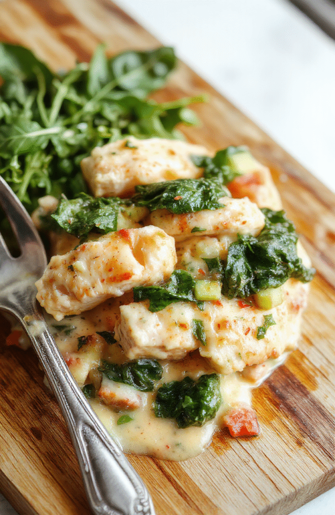 A steaming bowl of creamy chicken and spinach soup, vibrant green with flecks of spinach, chunks of tender chicken, and hints of carrot and celery; garnished with fresh parsley and a drizzle of olive oil, served in a rustic white ceramic bowl against a warm wooden table.