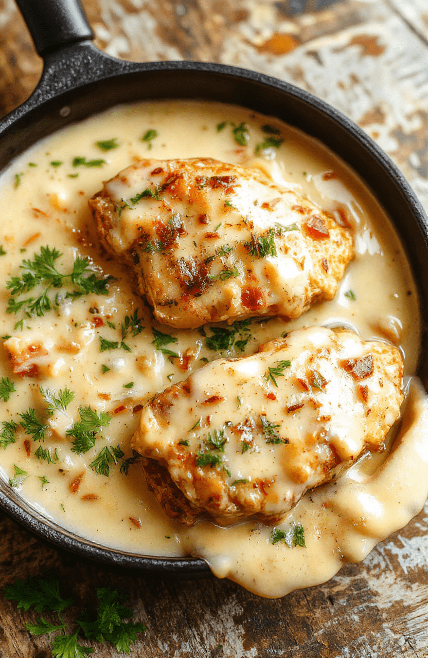 A rustic ceramic bowl filled with tender, golden-brown chicken breasts smothered in rich, velvety cream gravy, garnished with fresh parsley and cracked black pepper, served alongside fluffy mashed potatoes and sautéed green beans on a light wood cutting board, natural daylight, shallow depth of field, soft shadows.