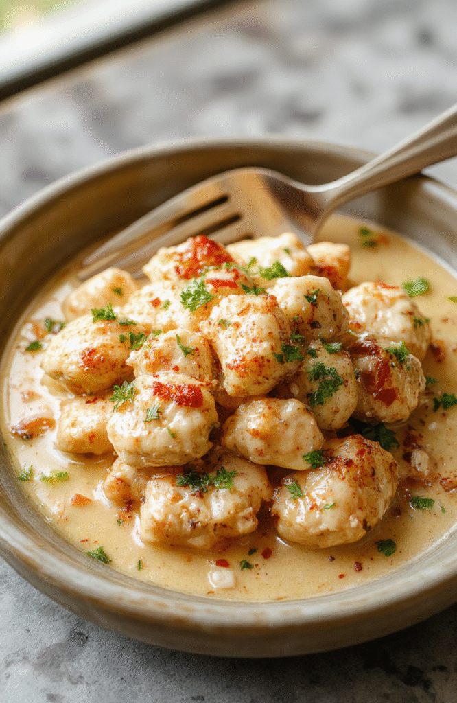 A golden-brown, tender chicken breast topped with a rich, creamy white coconut curry sauce, garnished with fresh cilantro and sliced green onions, served over steamed jasmine rice in a rustic ceramic bowl with soft natural lighting.