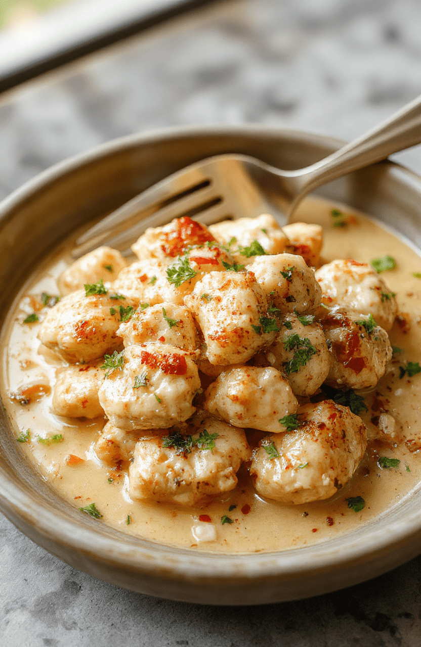 A golden-brown, tender chicken breast topped with a rich, creamy white coconut curry sauce, garnished with fresh cilantro and sliced green onions, served over steamed jasmine rice in a rustic ceramic bowl with soft natural lighting.