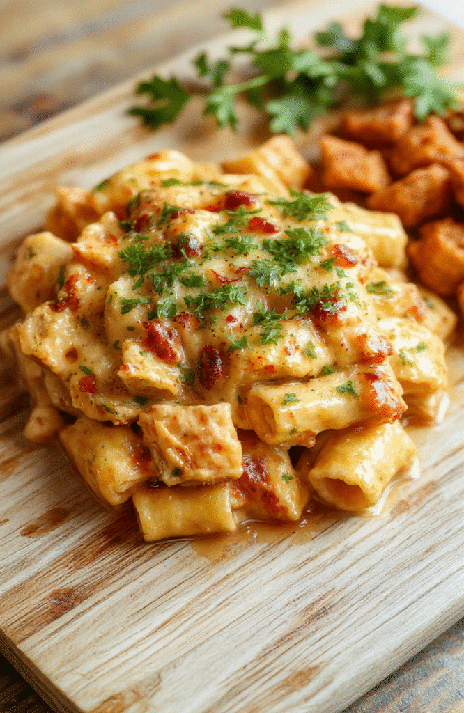 A steaming plate of creamy cowboy butter chicken pasta in a rustic ceramic bowl, featuring tender chicken pieces in rich golden butter-garlic sauce, al dente fusilli coated in velvety cream, flecks of fresh parsley and cracked black pepper, with a sprinkle of grated parmesan and a drizzle of olive oil on a wooden cutting board.