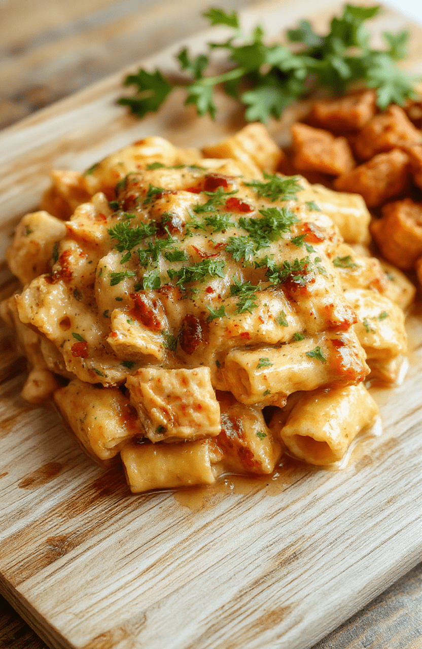 A steaming plate of creamy cowboy butter chicken pasta in a rustic ceramic bowl, featuring tender chicken pieces in rich golden butter-garlic sauce, al dente fusilli coated in velvety cream, flecks of fresh parsley and cracked black pepper, with a sprinkle of grated parmesan and a drizzle of olive oil on a wooden cutting board.