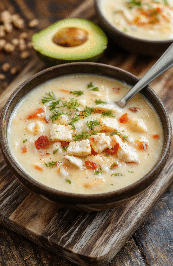A rustic ceramic bowl filled with creamy chicken and wild rice soup, featuring tender chicken shreds, chewy wild rice, diced carrots, celery, and celery leaves, floating in a rich golden broth, garnished with fresh parsley, placed on a distressed wood board with soft natural shadows and a blurred background.
