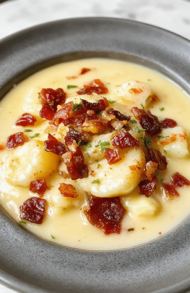 A steaming bowl of creamy crockpot potato soup topped with crumbled bacon, shredded cheddar cheese, and a drizzle of sour cream, garnished with fresh chives, served next to a rustic wooden spoon against a slate-gray kitchen counter with soft natural lighting.