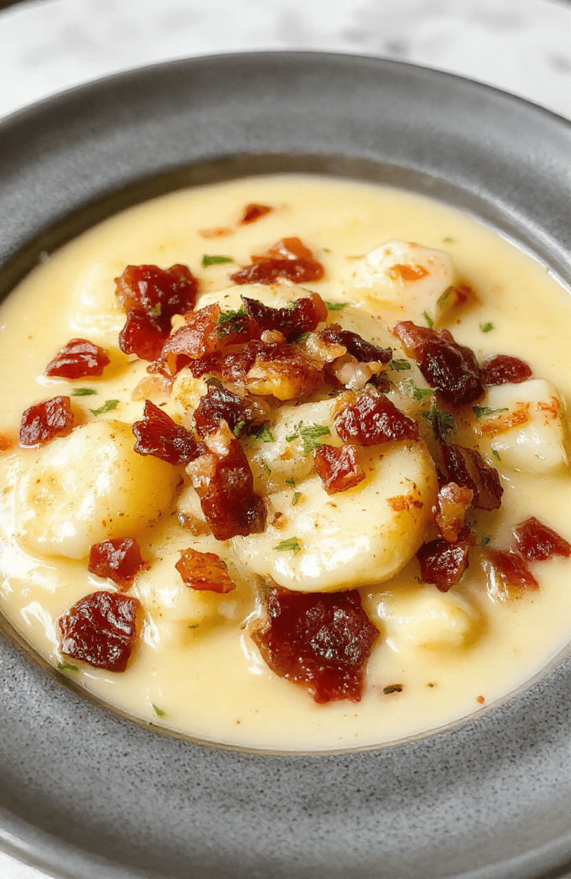 A steaming bowl of creamy crockpot potato soup topped with crumbled bacon, shredded cheddar cheese, and a drizzle of sour cream, garnished with fresh chives, served next to a rustic wooden spoon against a slate-gray kitchen counter with soft natural lighting.