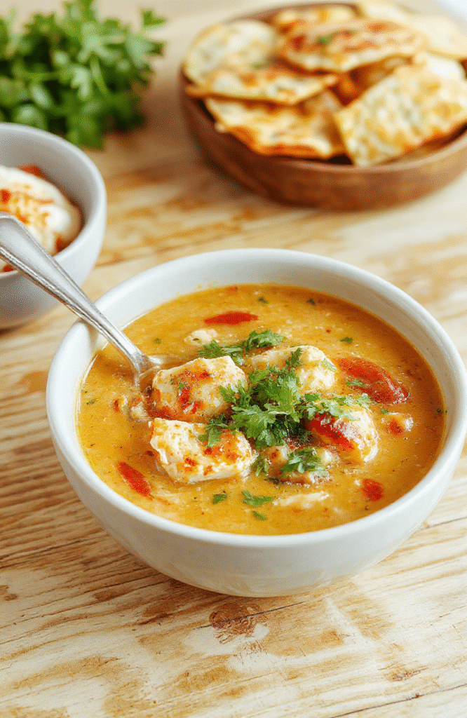 A hearty bowl of creamy enchilada soup with shredded chicken, melted cheese, fresh cilantro, and sliced jalapeños on top, garnished with crushed tortilla chips and a lime wedge beside it, served in a rustic white ceramic bowl on a light wooden table