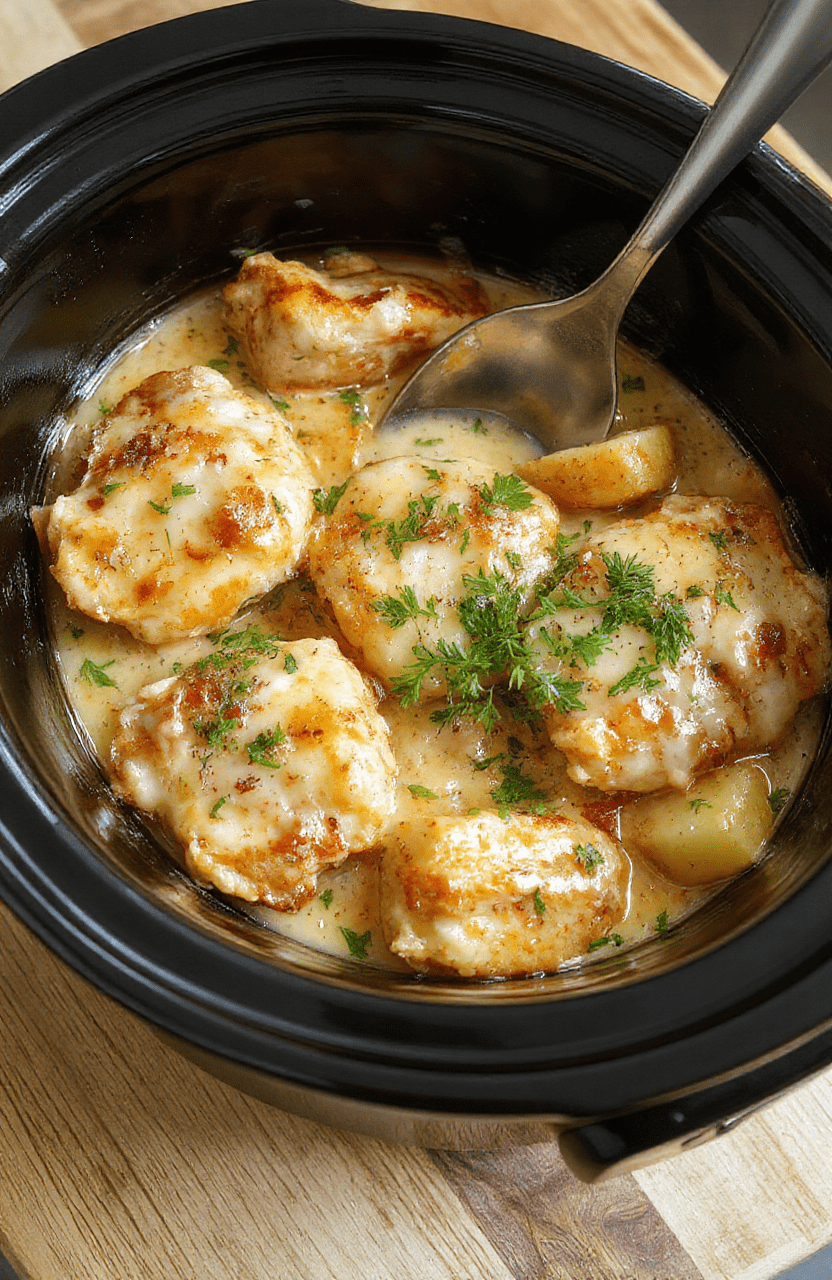 A rustic ceramic crockpot centerpiece filled with golden-brown seared chicken thighs, halved baby potatoes, and a velvety garlic parmesan sauce, garnished with fresh parsley and a light dusting of grated parmesan, served on a wooden board with a drizzle of olive oil and black pepper