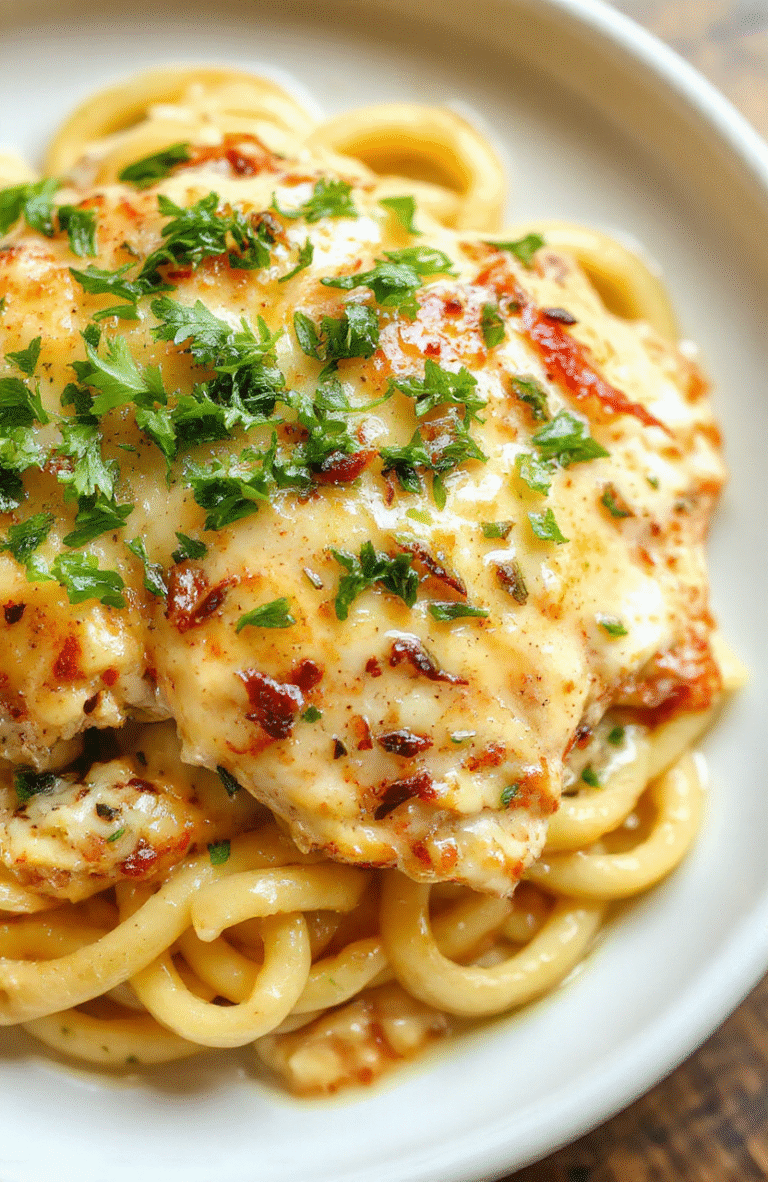 Golden-brown chicken breasts topped with creamy garlic parmesan sauce, garnished with fresh parsley and grated parmesan, served over al dente fettuccine in a rustic white ceramic bowl, with roasted garlic cloves and parsley sprigs scattered around, soft natural light highlights the glossy sauce and vibrant green herbs.