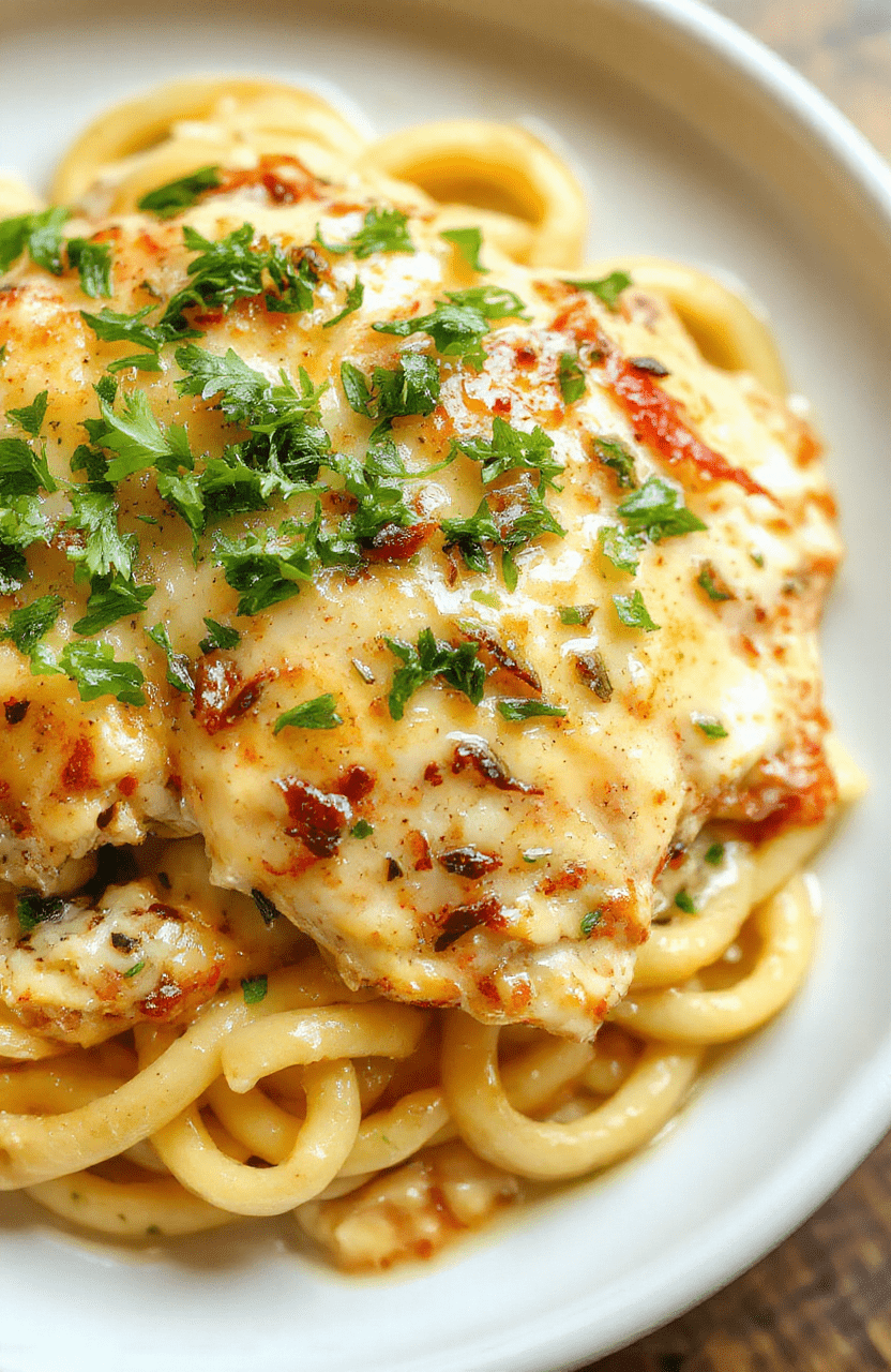 Golden-brown chicken breasts topped with creamy garlic parmesan sauce, garnished with fresh parsley and grated parmesan, served over al dente fettuccine in a rustic white ceramic bowl, with roasted garlic cloves and parsley sprigs scattered around, soft natural light highlights the glossy sauce and vibrant green herbs.