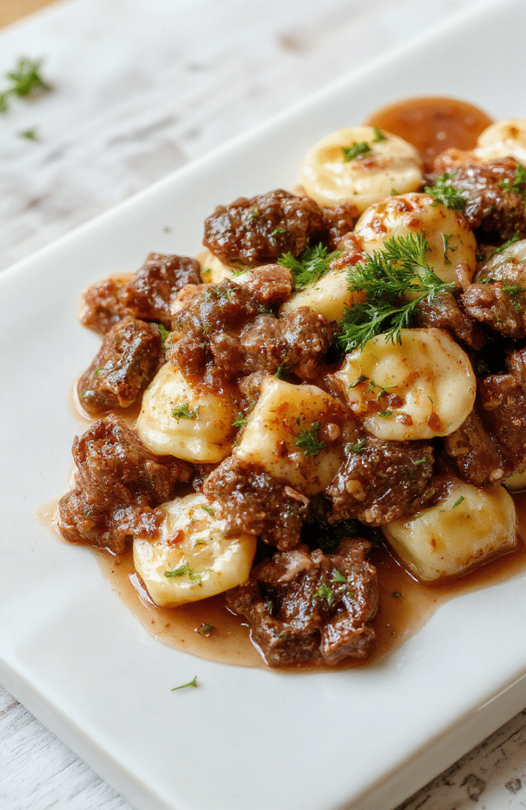 A rustic white ceramic bowl filled with plump cheese-filled tortellini in a creamy garlic-herb sauce, topped with golden-brown seared steak strips, fresh parsley, and a light dusting of parmesan cheese. Background features soft focus kitchen towel and wooden utensil handle