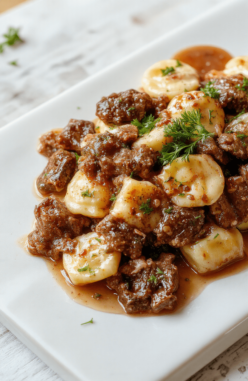 A rustic white ceramic bowl filled with plump cheese-filled tortellini in a creamy garlic-herb sauce, topped with golden-brown seared steak strips, fresh parsley, and a light dusting of parmesan cheese. Background features soft focus kitchen towel and wooden utensil handle