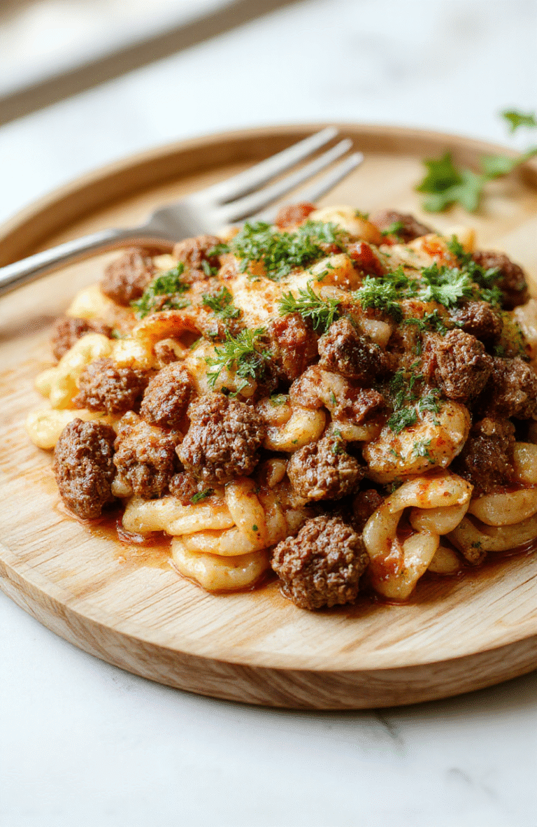 A rustic ceramic bowl filled with creamy ground beef and orzo pasta, generously topped with freshly grated Parmesan and parsley, nestled on a light oak cutting board with soft wood grain, alongside a drizzle of olive oil and a lemon wedge for contrast