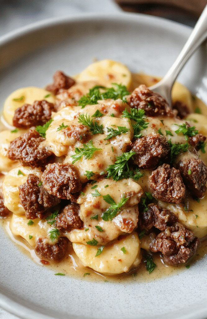 Golden-brown ground beef stroganoff with tender mushrooms in a rich, creamy sour cream sauce, served over golden egg noodles in a rustic ceramic bowl, garnished with fresh parsley and a sprinkling of black pepper, on a light wooden table with soft daylight