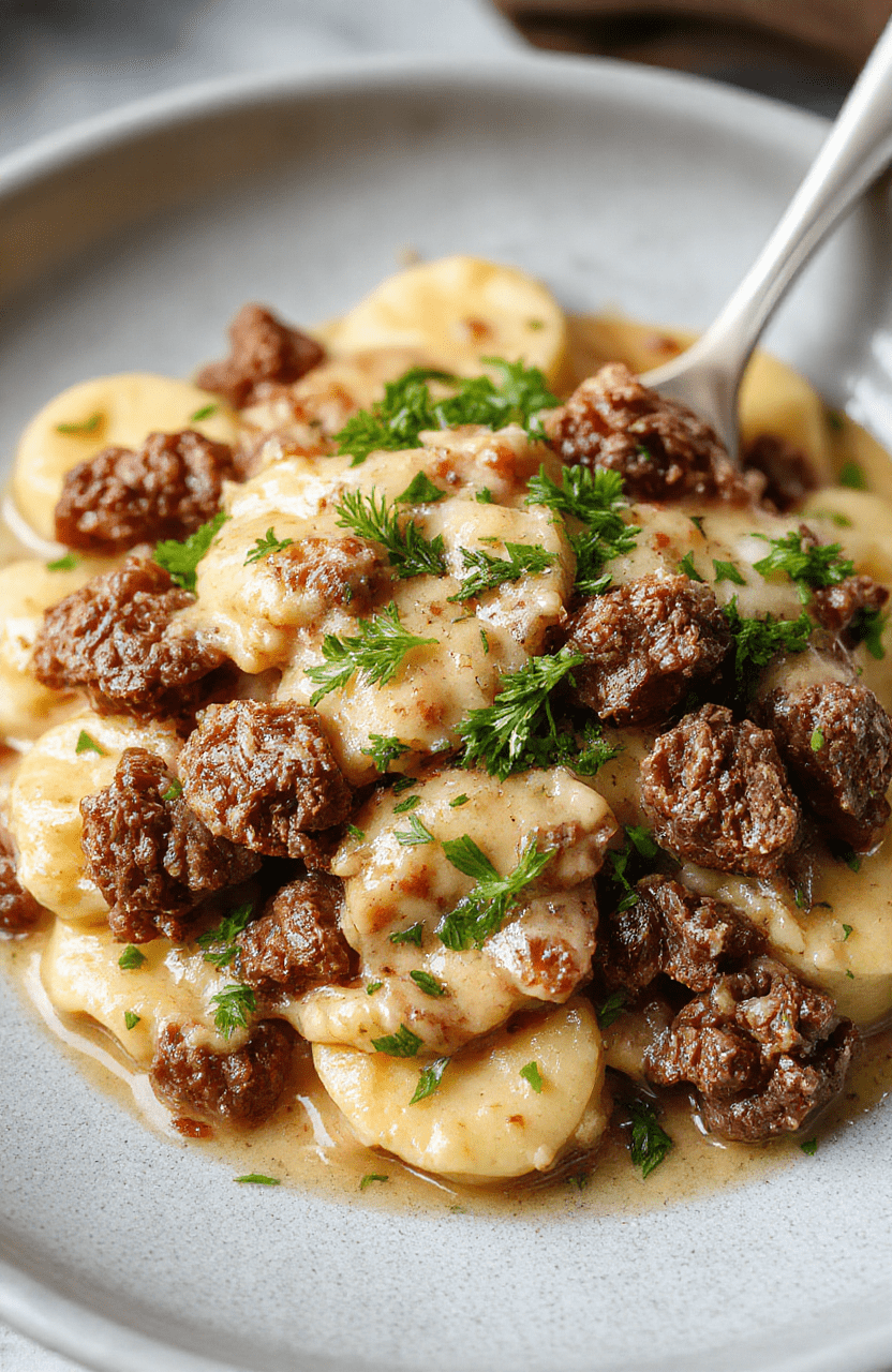 Golden-brown ground beef stroganoff with tender mushrooms in a rich, creamy sour cream sauce, served over golden egg noodles in a rustic ceramic bowl, garnished with fresh parsley and a sprinkling of black pepper, on a light wooden table with soft daylight