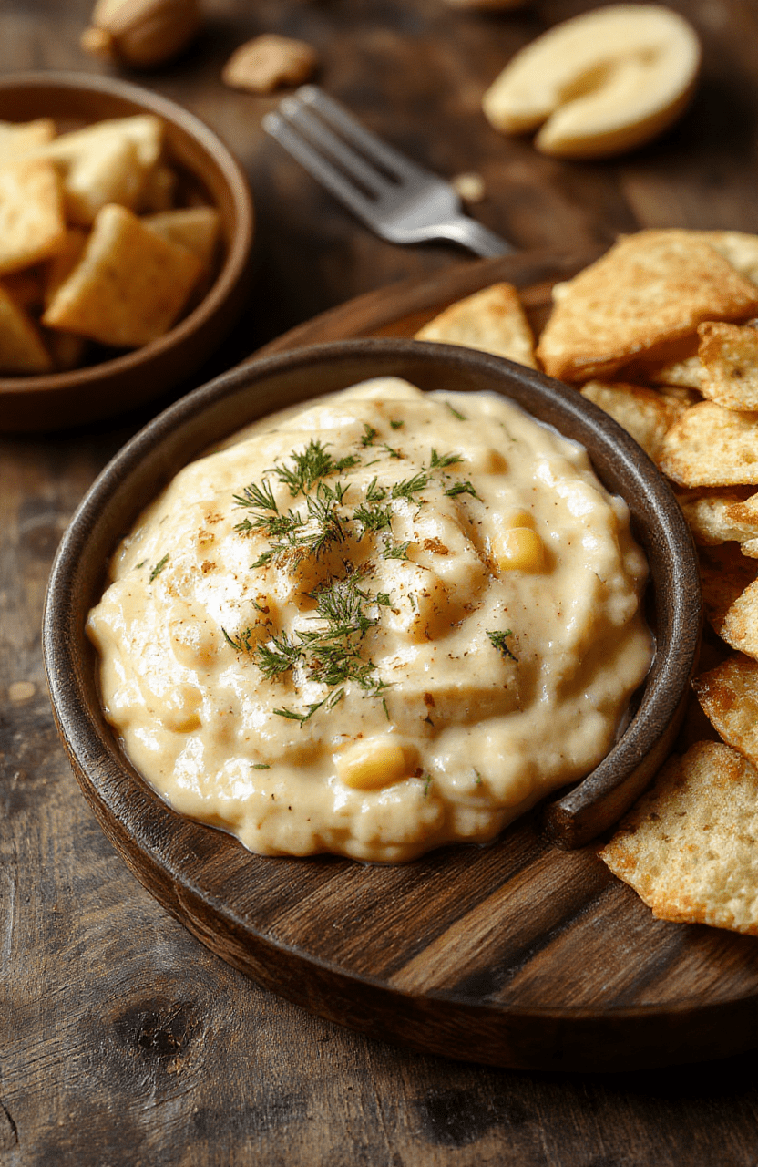 A vibrant, warm bowl of creamy corn dip with meltedched cheddar cheese bubbling on top, studded with kernels, red bell pepper pieces, jalapeños, and fresh cilantro, garnished with a lime wedge and served in a rustic ceramic dish on a light wooden table