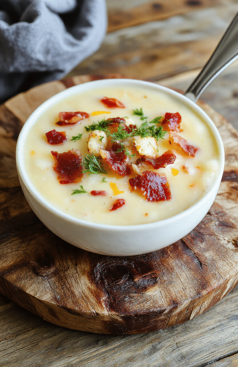 Rustic ceramic bowl filled with thick, creamy potato soup topped with crispy crumbled bacon, melted sharp cheddar cheese shreds, chopped green onions, and a dollop of sour cream, served with a crusty bread slice on the side against a neutral wooden table under soft natural light.