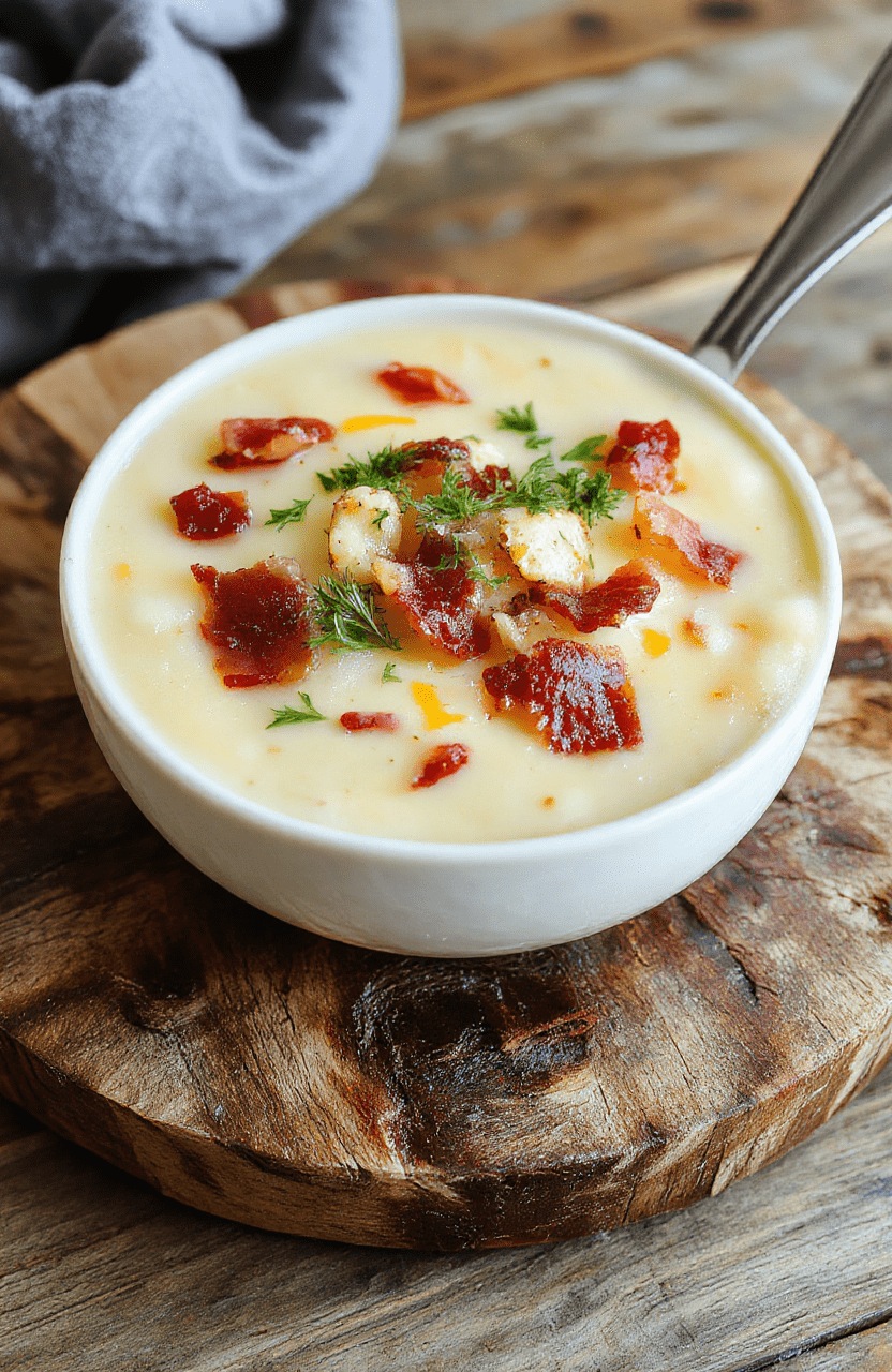 Rustic ceramic bowl filled with thick, creamy potato soup topped with crispy crumbled bacon, melted sharp cheddar cheese shreds, chopped green onions, and a dollop of sour cream, served with a crusty bread slice on the side against a neutral wooden table under soft natural light.