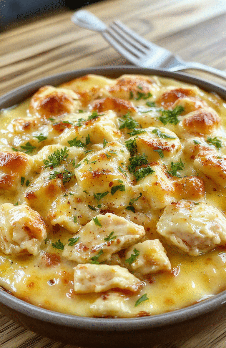 A golden-brown, bubbly chicken casserole in a ceramic baking dish, topped with melted cheddar and mozzarella cheese, crisp bacon bits scattered on top, and新鲜 green parsley for contrast. Served with a spoon near the edge, against a rustic wooden table.