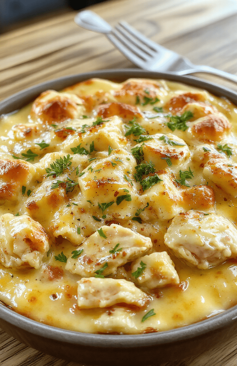 A golden-brown, bubbly chicken casserole in a ceramic baking dish, topped with melted cheddar and mozzarella cheese, crisp bacon bits scattered on top, and新鲜 green parsley for contrast. Served with a spoon near the edge, against a rustic wooden table.