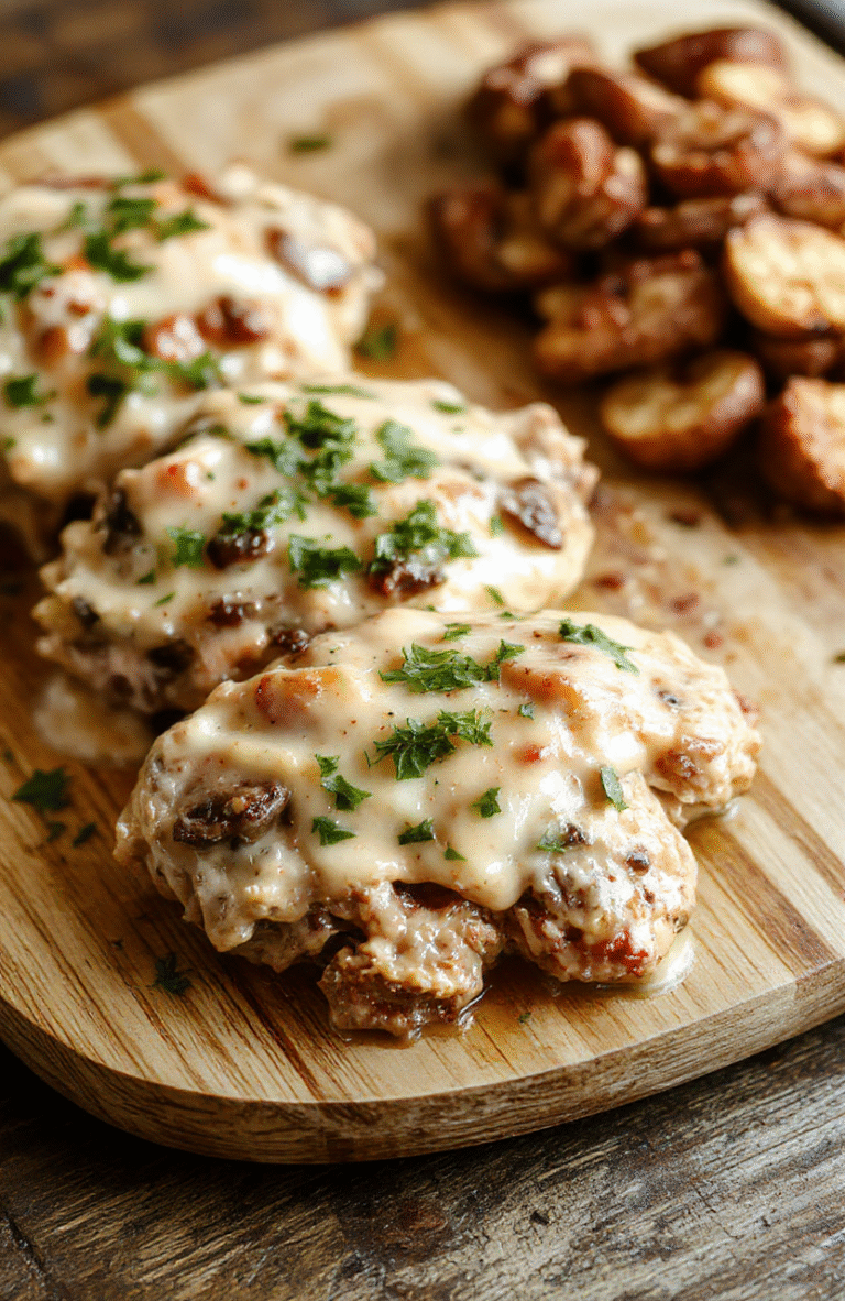 Golden-brown pan-seared chicken breast topped with a lush, creamy mushroom sauce, garnished with fresh parsley and a sprinkle of black pepper, served over fluffy white rice in a white ceramic bowl on a rustic wooden table, soft natural light, shallow focus on the dish, lower third of image left empty.