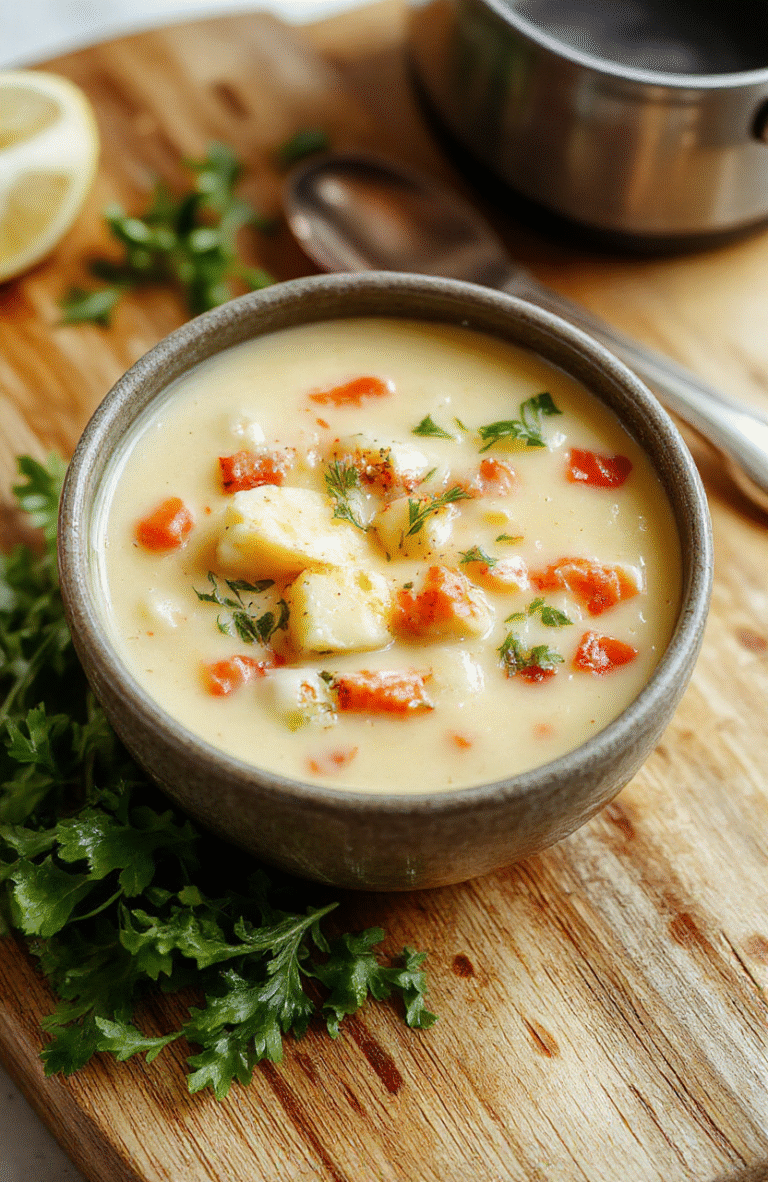 A steaming bowl of thick, creamy vegetable soup with visible carrots, potatoes, celery, and leeks floating in a pale golden broth, garnished with fresh parsley and a drizzle of olive oil, served in a rustic white ceramic bowl on a wooden table with soft natural lighting and shallow depth of field.