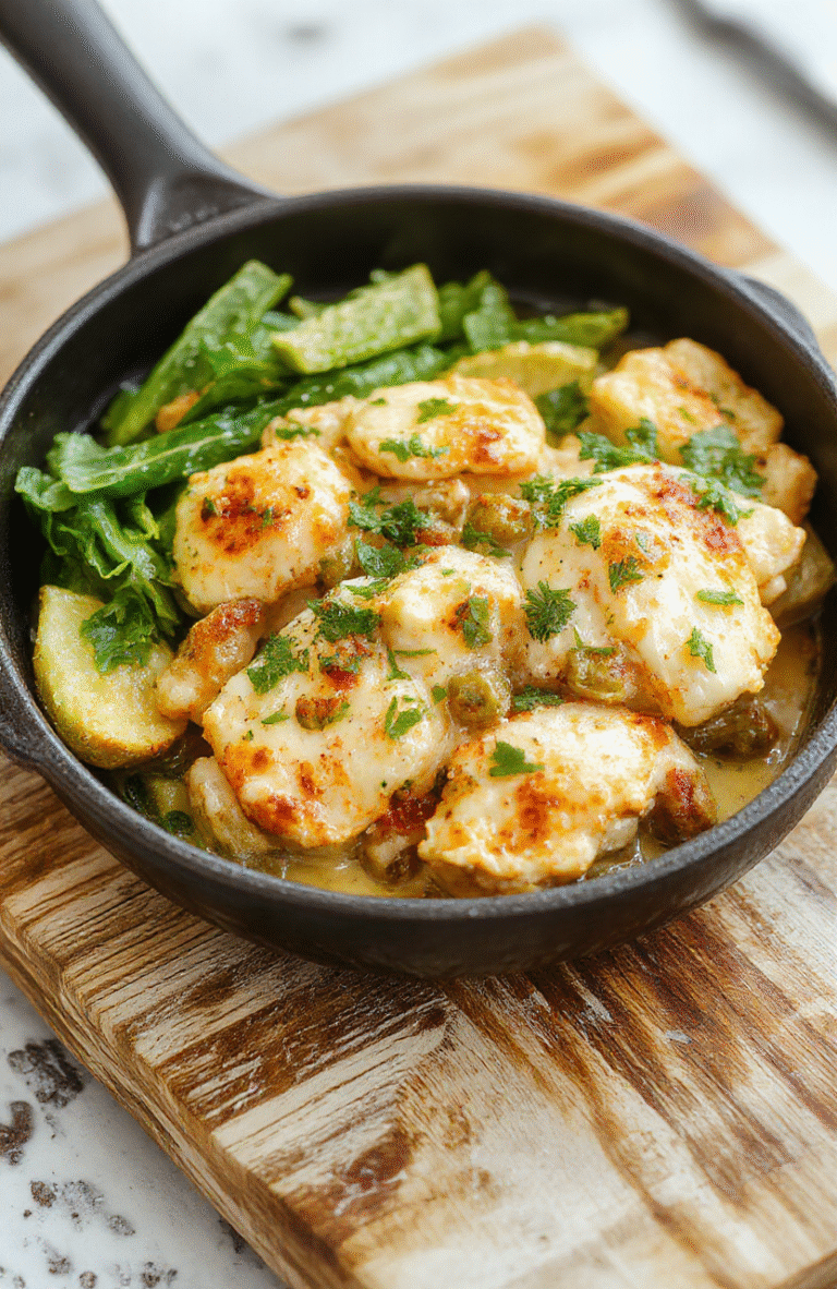 Golden-brown chicken cutlets nestled in a creamy, tangy sauce with bright green pepperoncinis and red bell peppers, sprinkled with fresh parsley, served in a cast-iron skillet on a wooden table with soft shadows. Visual highlights: creamy sauce clinging to chicken, vibrant peppers, rustic plating.