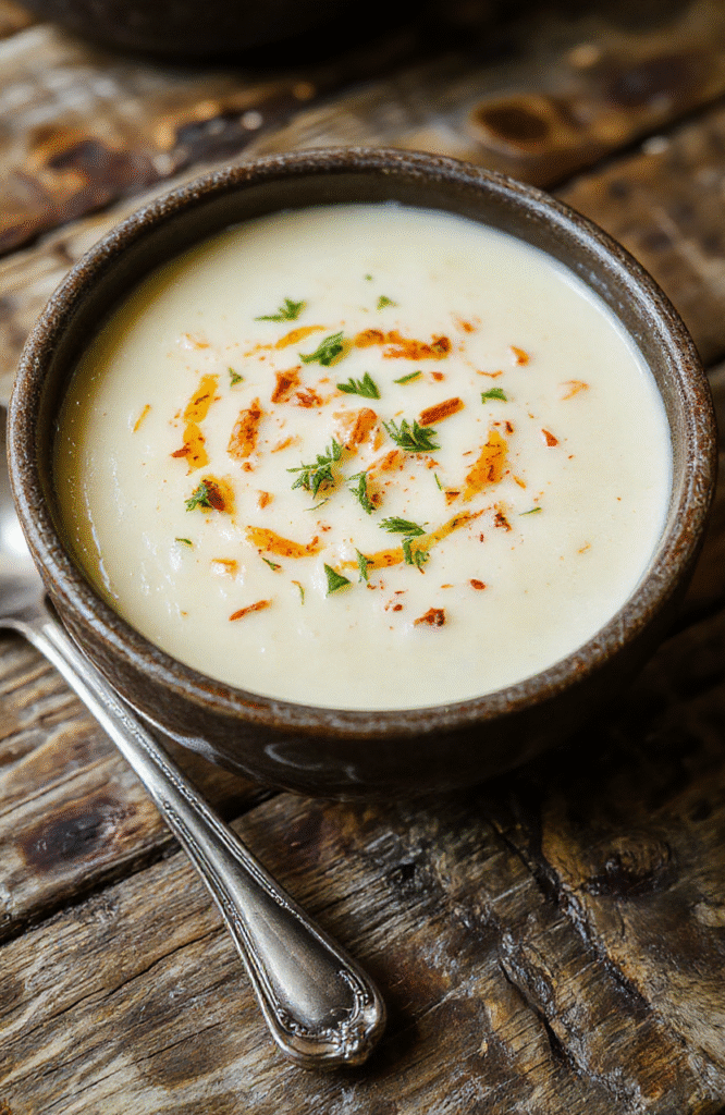 A steaming bowl of rich creamy potato soup with chunks of tender potatoes, swirls of sour cream, chopped chives, and a drizzle of olive oil on a rustic wooden table, with soft natural daylight and shallow depth of field