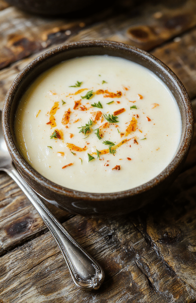 A steaming bowl of rich creamy potato soup with chunks of tender potatoes, swirls of sour cream, chopped chives, and a drizzle of olive oil on a rustic wooden table, with soft natural daylight and shallow depth of field