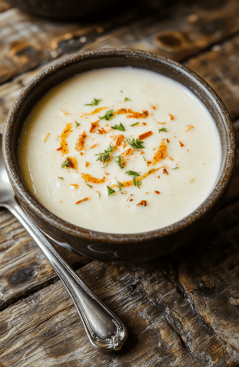 A steaming bowl of rich creamy potato soup with chunks of tender potatoes, swirls of sour cream, chopped chives, and a drizzle of olive oil on a rustic wooden table, with soft natural daylight and shallow depth of field