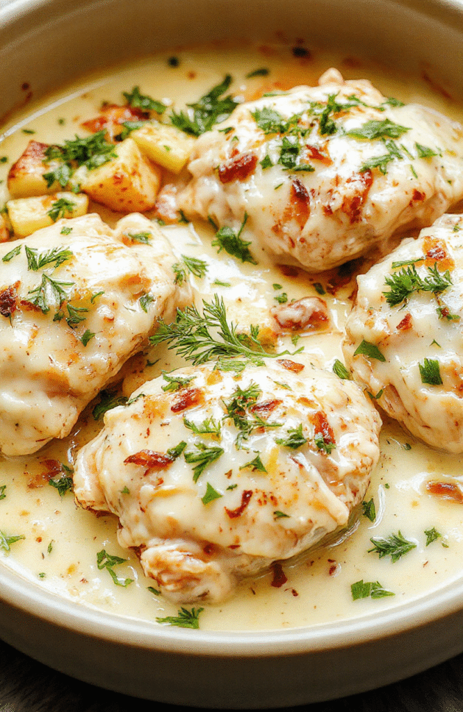 A rustic baking dish containing tender, golden-brown chicken breasts smothered in thick creamy white ranch sauce, baked with vibrant green broccoli florets and bright orange baby carrots. The sauce is glossy with melted cheese on top, and fresh parsley is sprinkled for color. Served alongside a simple white ceramic plate.