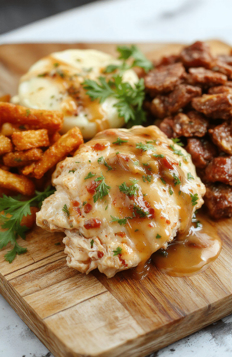 Tender golden-brown chicken pieces submerged in a rich, creamy ivory gravy with visible thyme sprigs and black pepper, served in a rustic white ceramic bowl alongside fluffy mashed potatoes and a side of steamed green broccoli florets on a wooden table with soft natural light.