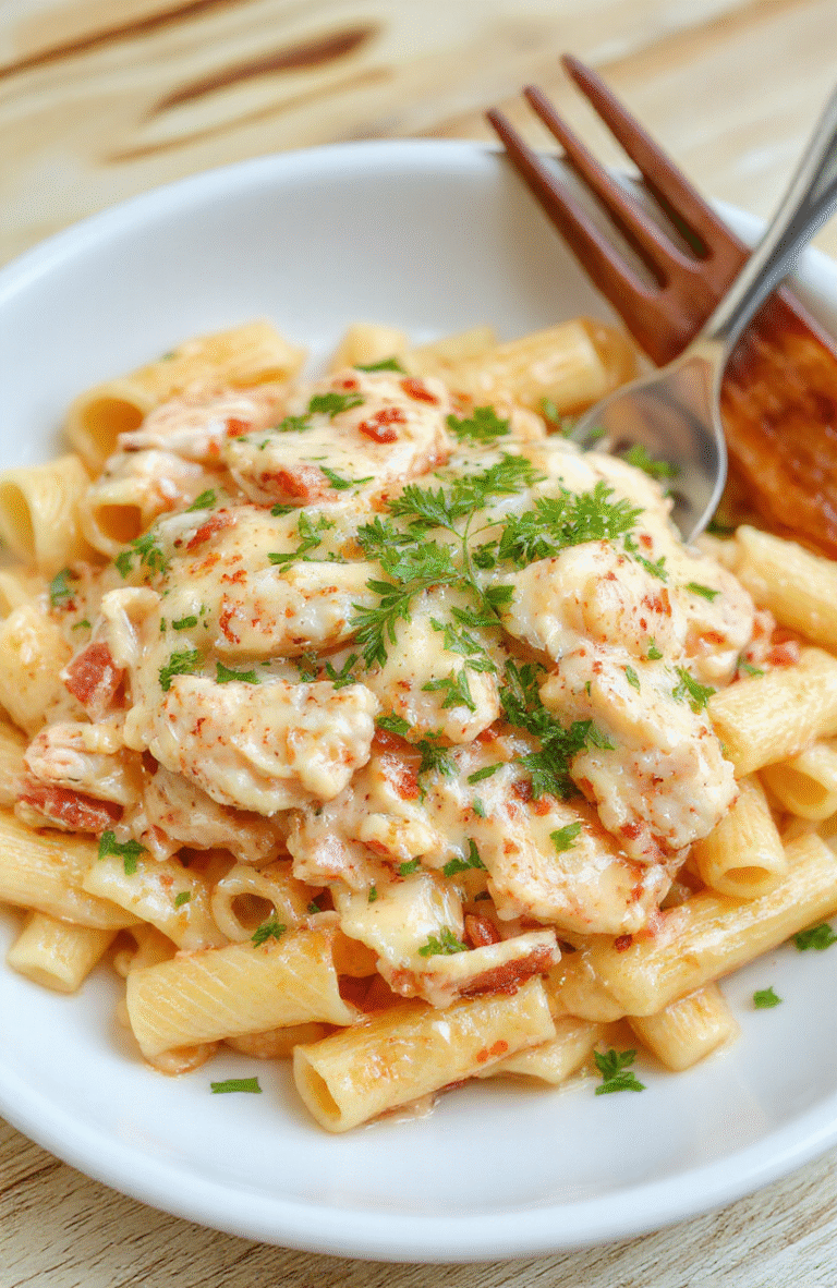Hearty penne pasta tossed in vibrant green spinach-avocado alfredo sauce, topped with grilled chicken strips, red bell pepper strips, black beans, and a sprinkle of cotija cheese, served in a shallow white bowl with fresh cilantro garnish against a wooden tabletop.