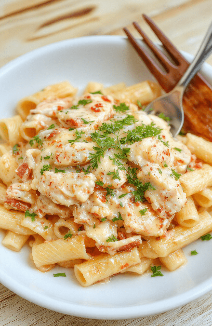 Hearty penne pasta tossed in vibrant green spinach-avocado alfredo sauce, topped with grilled chicken strips, red bell pepper strips, black beans, and a sprinkle of cotija cheese, served in a shallow white bowl with fresh cilantro garnish against a wooden tabletop.