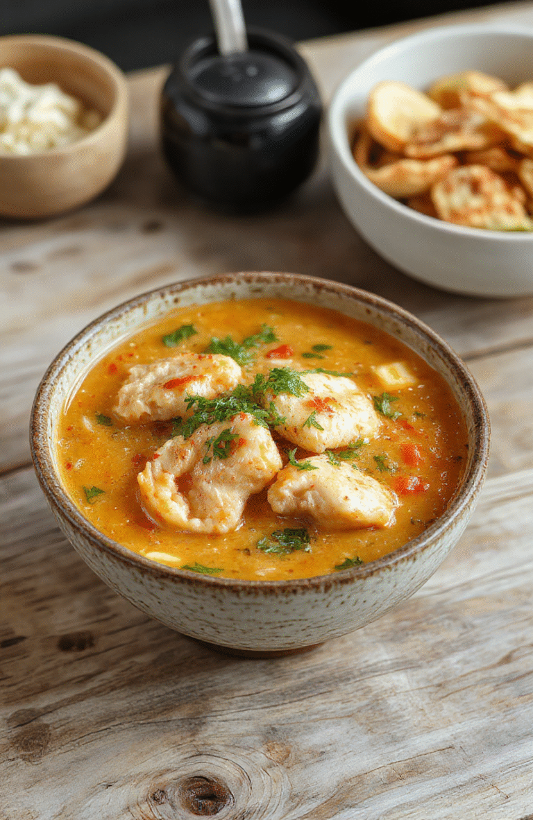 A steaming bowl of creamy spicy chicken ramen with tender shredded chicken, vibrant green bok choy, soft-boiled egg halved, pickled radishes, and a swirl of sriracha mayo on top, served on a rustic wooden table with soft natural daylight and shallow depth of field focusing on the rich broth.