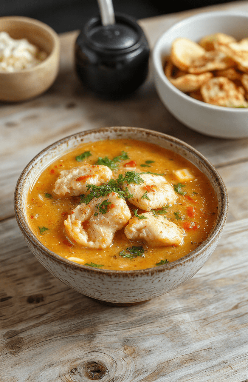A steaming bowl of creamy spicy chicken ramen with tender shredded chicken, vibrant green bok choy, soft-boiled egg halved, pickled radishes, and a swirl of sriracha mayo on top, served on a rustic wooden table with soft natural daylight and shallow depth of field focusing on the rich broth.