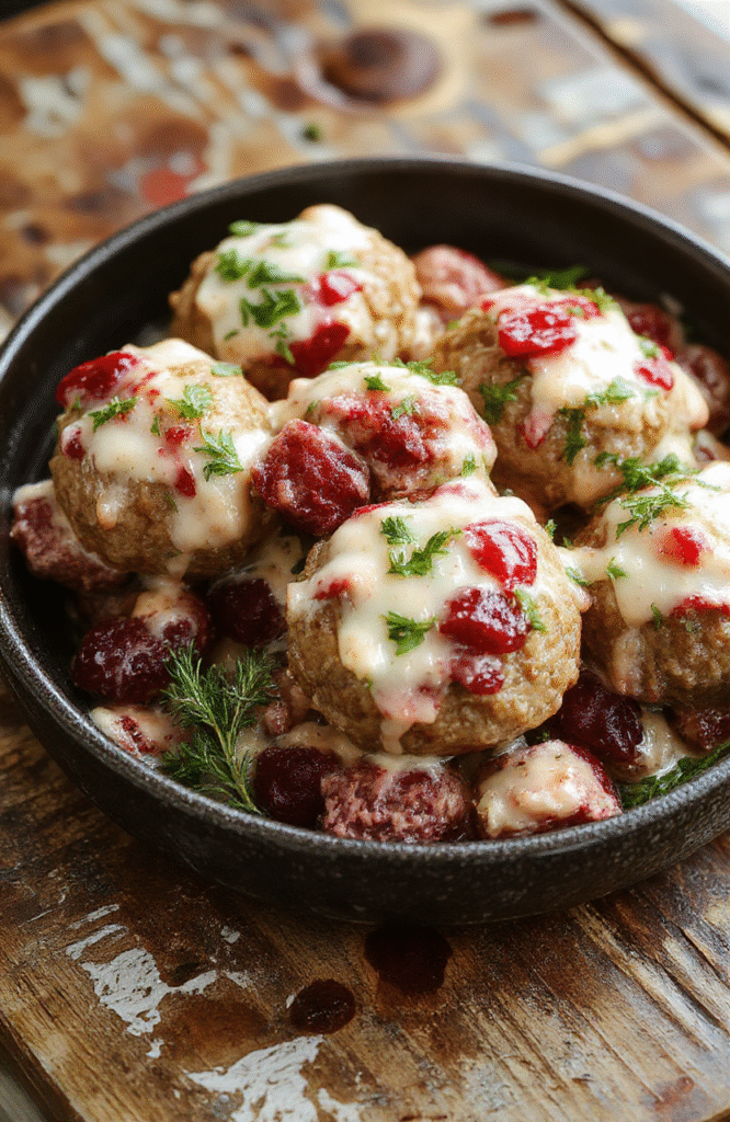 Golden-brown Swedish meatballs nestled in a creamy white sauce with a swirl of tart lingonberry sauce on top, served in a shallow white bowl, garnished with fresh parsley and a sprig of rosemary, against a rustic wooden table with soft natural lighting and shallow depth of field.