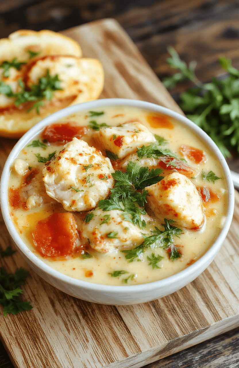 A steaming bowl of creamy Tuscan chicken soup with tender shredded chicken, baby spinach, sun-dried tomatoes, and a swirl of Parmesan cheese, garnished with fresh parsley, served on a rustic wooden table with soft natural lighting and shallow depth of field.