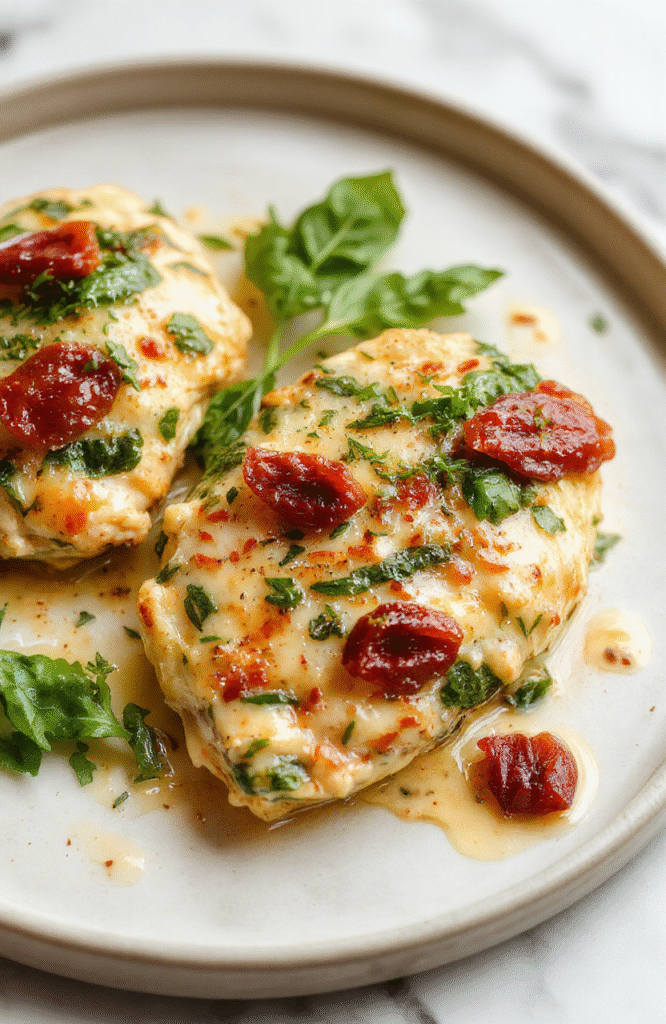 Golden-brown seared chicken breasts resting on a bed of wilted spinach and sun-dried tomatoes, smothered in a rich creamy garlic parmesan sauce, garnished with fresh parsley, served alongside al dente pasta in a rustic white ceramic bowl, with soft natural light and shallow depth of field, subtle steam rising.