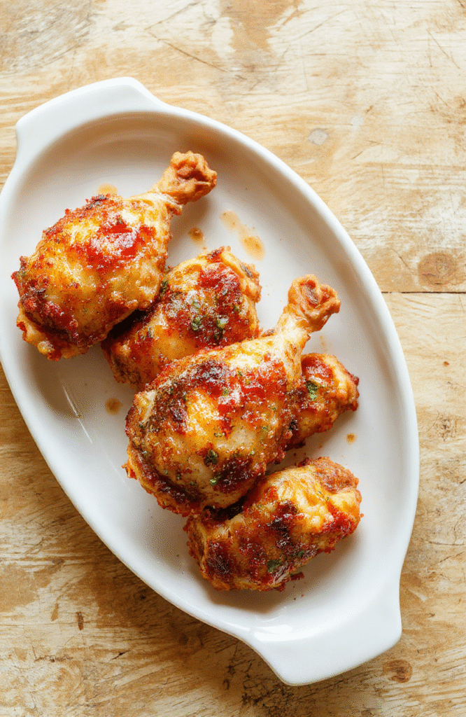 Golden-brown, crispy-skinned chicken legs on a white ceramic plate, surrounded by fresh rosemary sprigs and lemon wedges, resting on a rustic wooden cutting board with light grill marks visible on the skin, natural daylight highlights the glossy sheen and crackling texture.